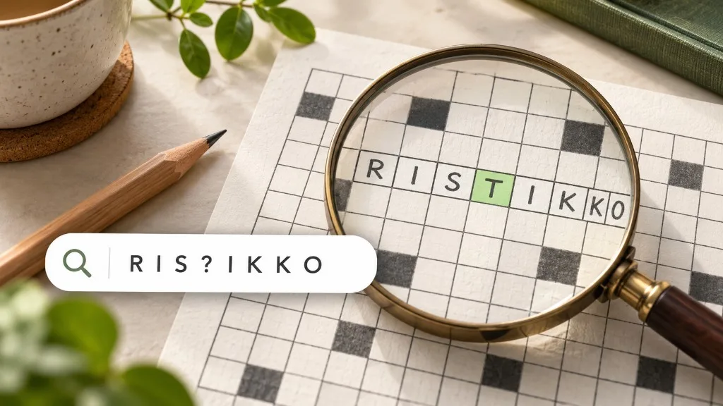 Sanaristikko sanahaku: hakukenttään on kirjoitettu RIS?IKKO, ja suurennuslasi näyttää ristikon ruudukossa sanan RISTIKKO puuttuvan kirjaimen T korostettuna