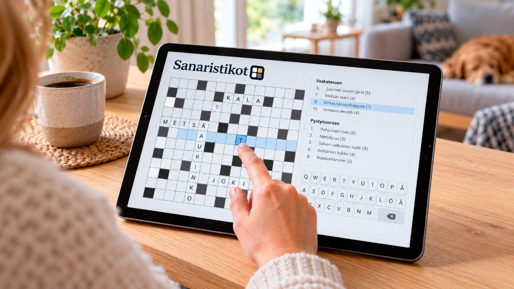 Sanaristikko täytetään tabletilla olohuoneessa, valittu sana korostettuna ja vihjeet ruudukon vieressä